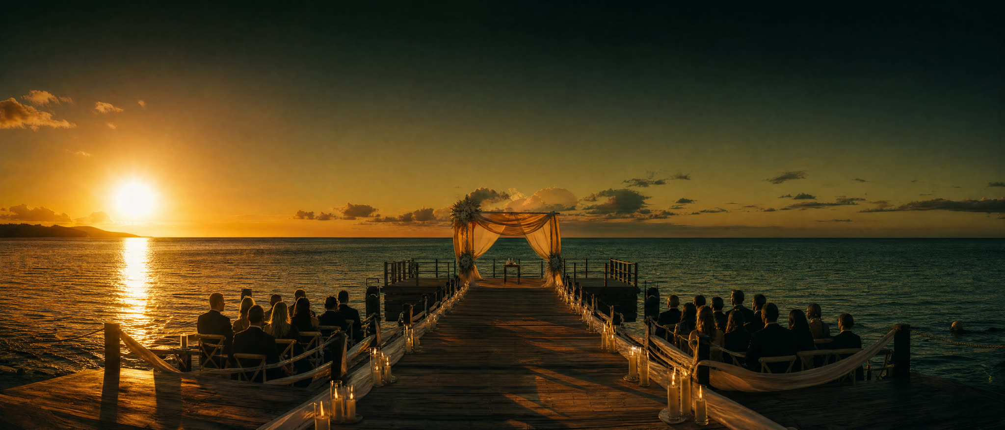 Golden-hour Caribbean ceremony on an ocean pier
